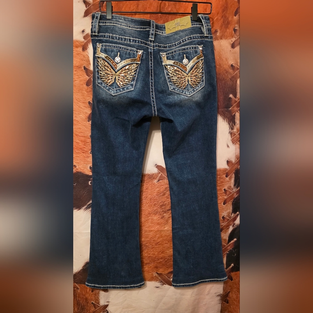 Miss Me Dark Blue Boot Cut Jeans with Gold Accents